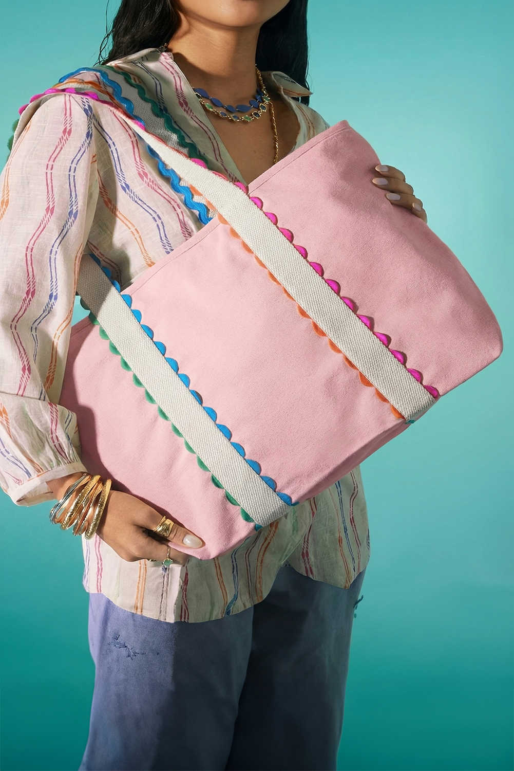 Pink Colorful Ricrac Detail Canvas Tote Bag