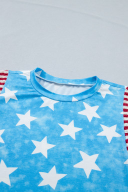 Sky Blue Vintage Star Print Striped Ruffle Sleeve Independence Day Top