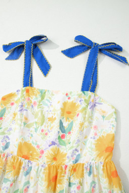 Yellow Floral Print Contrast Stitched Knot Denim Straps High Waist Dress