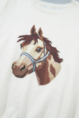 White Wild West Horse Head Printed Short Sleeve Sweater