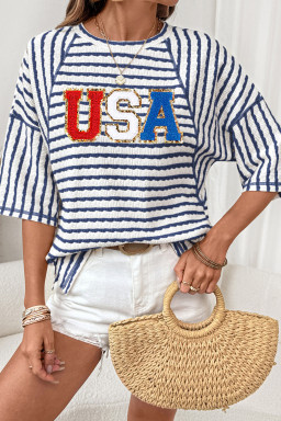 Blue Stripe Textured Knit USA Chenille Lettering Oversize Tee