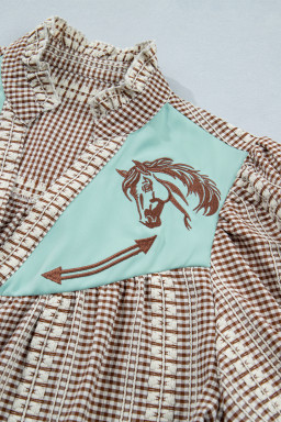 Brown Western Pony Embroidered Yoke Puff Sleeve Gingham Blouse