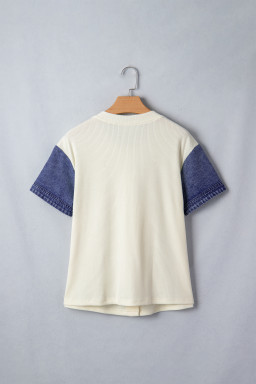 Beige Denim Patchwork Short Sleeve Ribbed Shirt