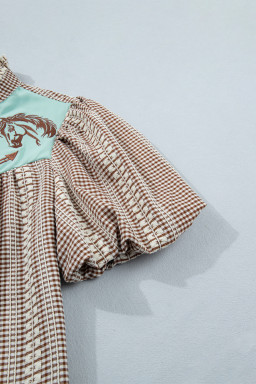 Brown Western Pony Embroidered Yoke Puff Sleeve Gingham Blouse