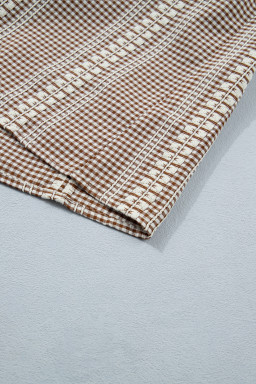 Brown Western Pony Embroidered Yoke Puff Sleeve Gingham Blouse
