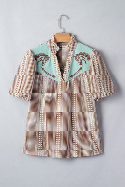 Brown Western Pony Embroidered Yoke Puff Sleeve Gingham Blouse