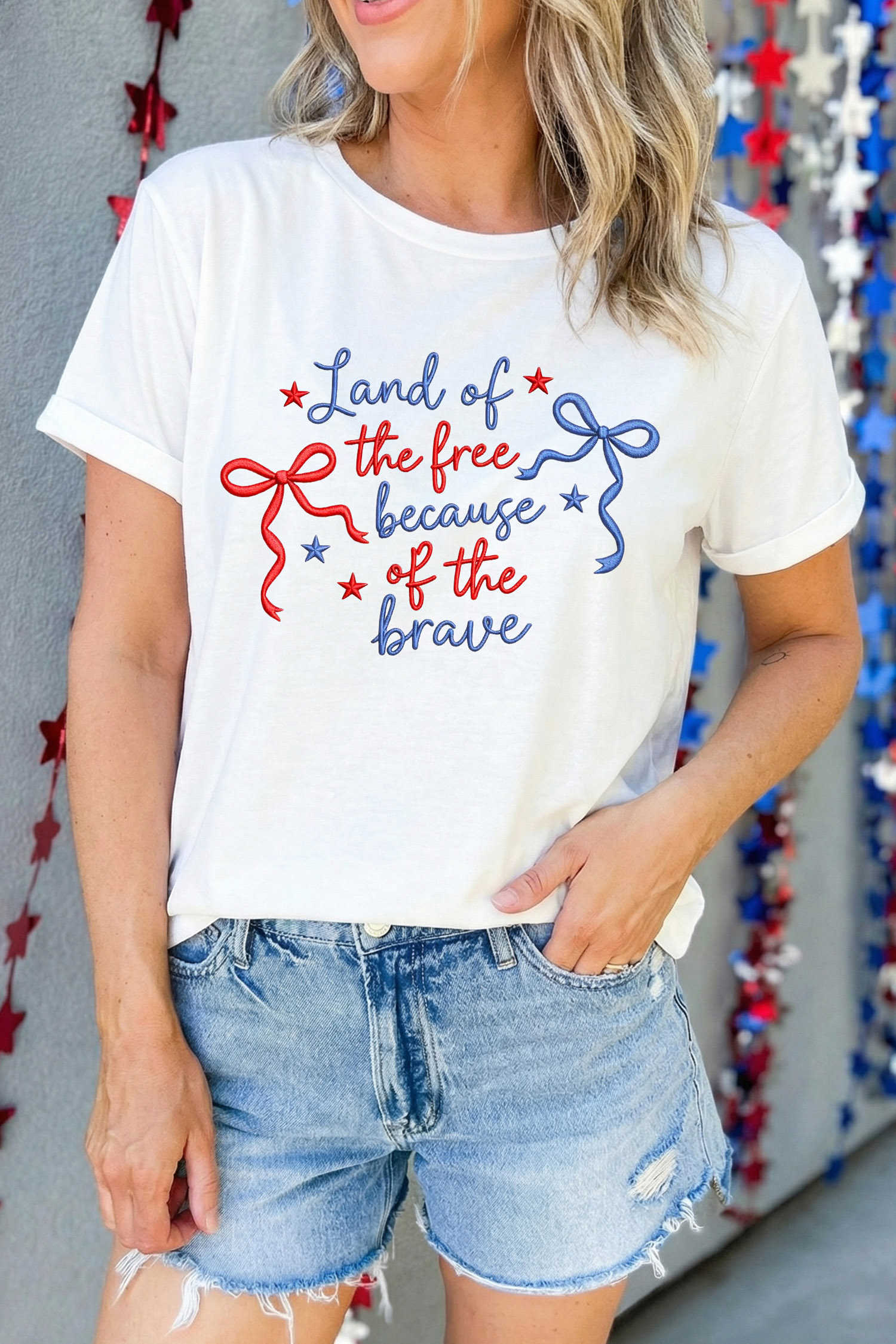 White Land of the free because of the brave Embroidered T Shirt
