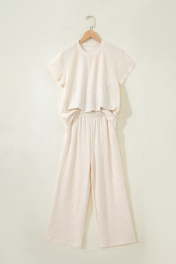 Beige Texture Loose Short Sleeve Top and Cropped Pant Set