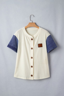Beige Denim Patchwork Short Sleeve Ribbed Shirt