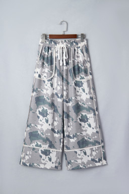 Brown Camouflage Print Contrast Lace-up Raw Edge Pocketed Loose Pants