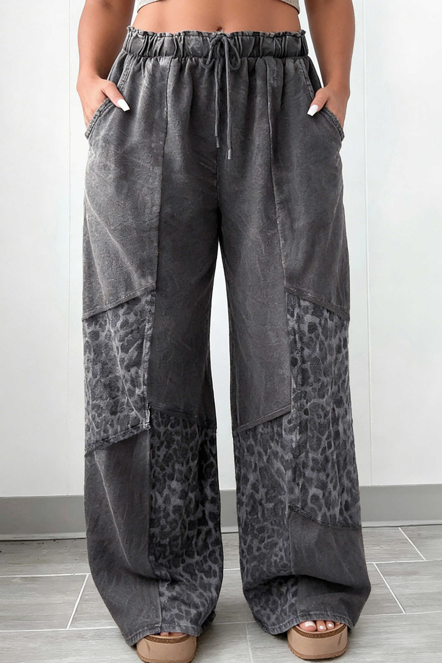 Dark Grey Plus Size Leopard Patchwork Mineral Wash Wide Leg Pants