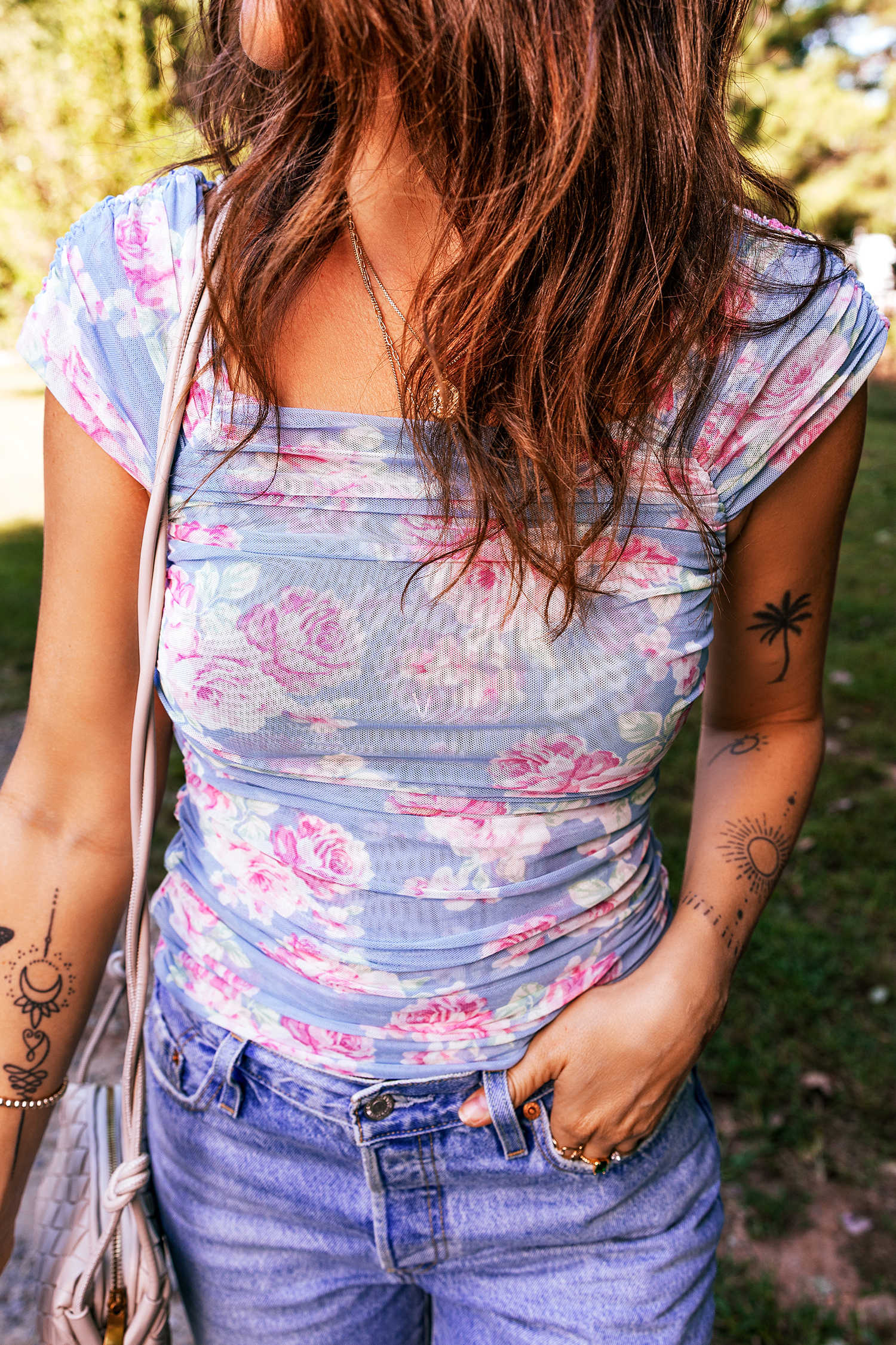 Sky Blue Square Neck Cap Sleeve Ruched Floral Mesh Top