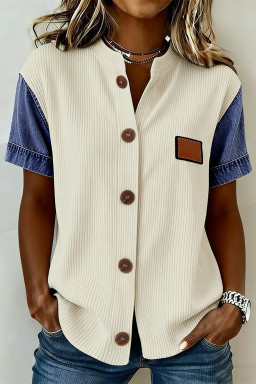 Beige Denim Patchwork Short Sleeve Ribbed Shirt