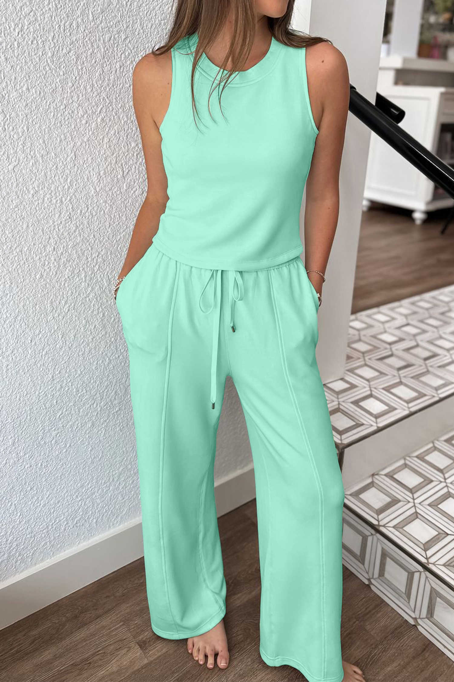 Moonlight Jade Drawstring Elastic Waistband Solid Color Two Piece Casual Set