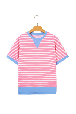 Pink Stripe Contrast Trim Loose Short Sleeve Top