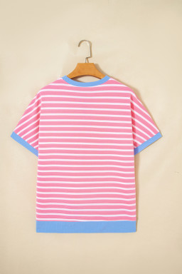 Pink Stripe Contrast Trim Loose Short Sleeve Top