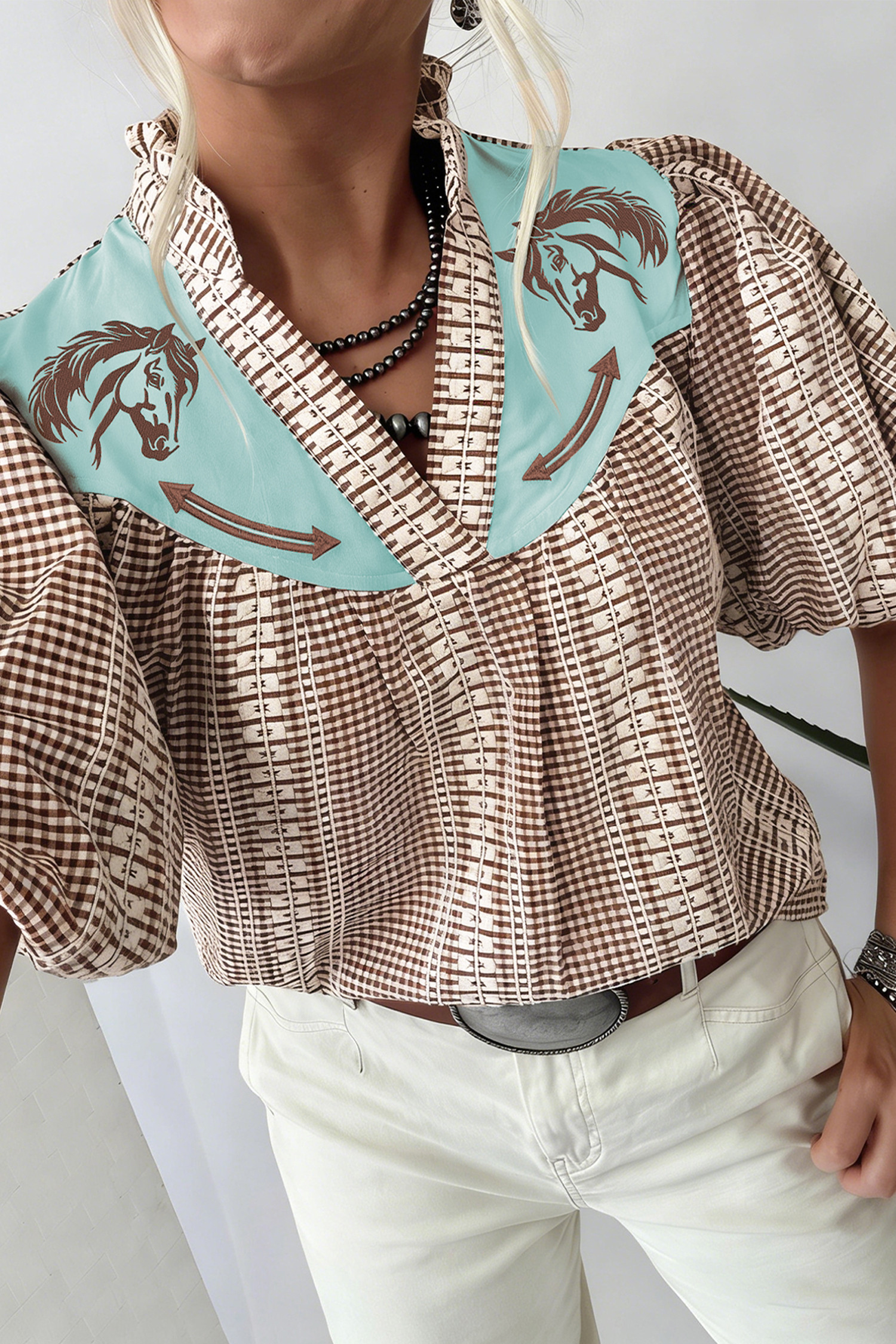 Brown Western Pony Embroidered Yoke Puff Sleeve Gingham Blouse