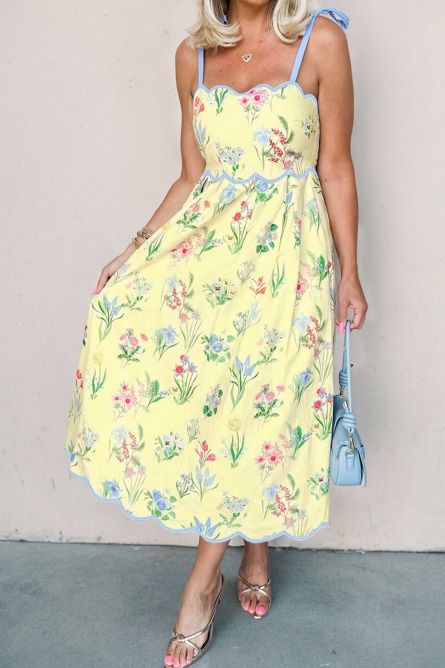 Yellow Floral Print Contrast Trim Self-tie Straps High Waist Midi Dress