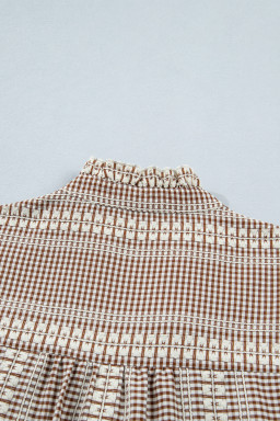 Brown Western Pony Embroidered Yoke Puff Sleeve Gingham Blouse