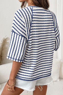 Blue Stripe Textured Knit USA Chenille Lettering Oversize Tee