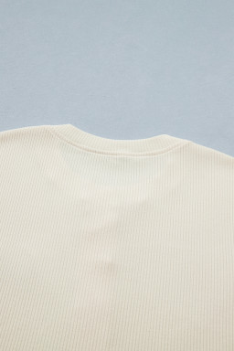 Beige Denim Patchwork Short Sleeve Ribbed Shirt