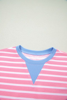 Pink Stripe Contrast Trim Loose Short Sleeve Top