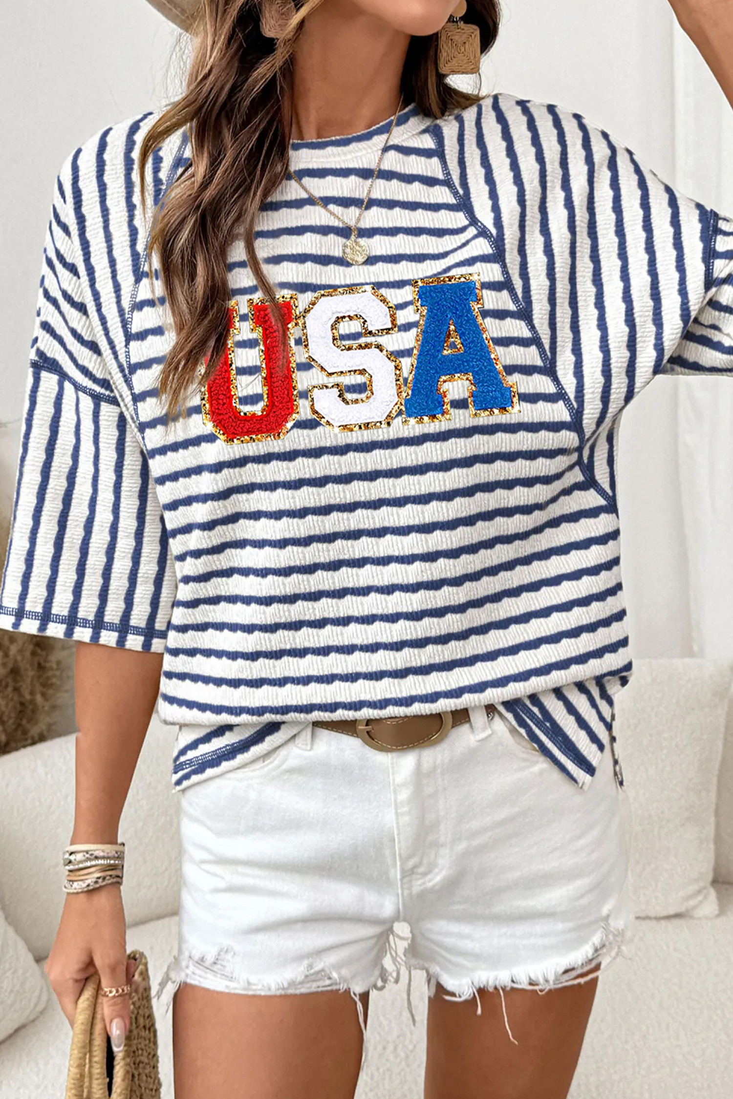 Blue Stripe Textured Knit USA Chenille Lettering Oversize Tee
