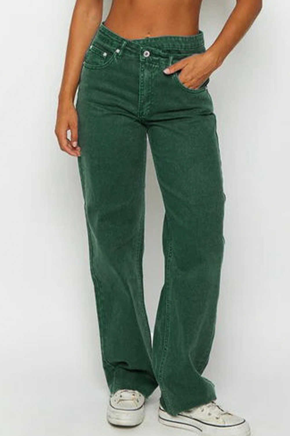 Green Crossed Waist Raw Hem Shift Jeans