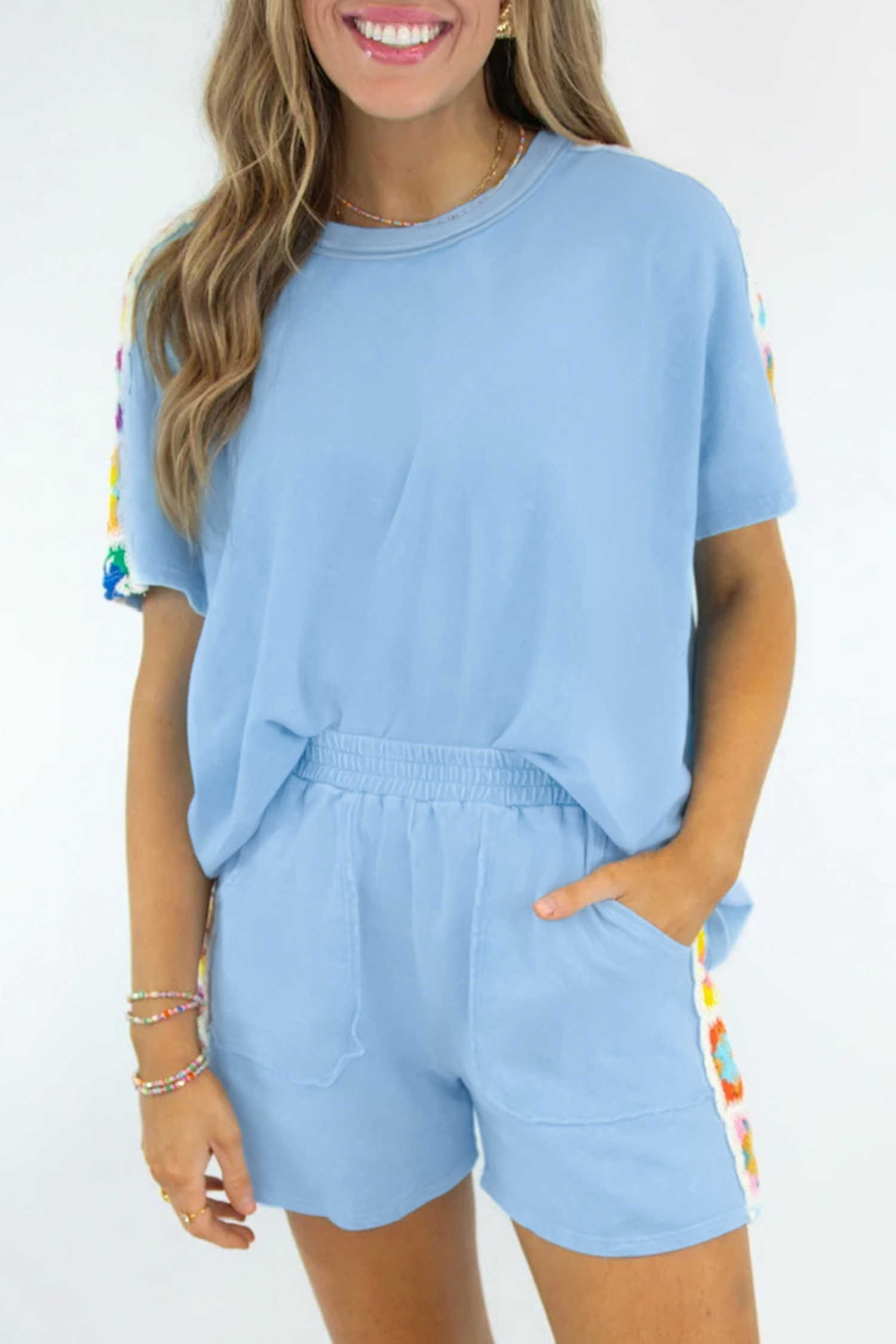 Mist Blue Granny Square Crochet Detail Short 2pcs Set