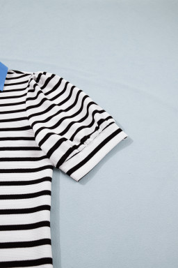 Black Stripe Short Puff Sleeve Color Block Polo Collar Blouse