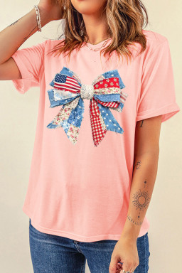 Pink Patriotic Bow Printed Womens Casual Tee