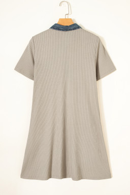 Beige Short Sleeve Ribbed Knit Denim Patchwork Polo Collar Dress