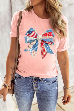 Pink Patriotic Bow Printed Womens Casual Tee