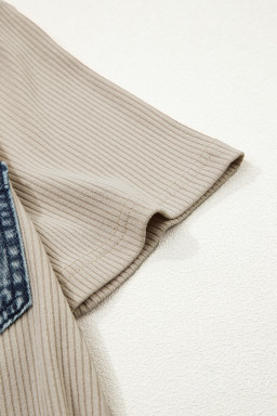 Beige Short Sleeve Ribbed Knit Denim Patchwork Polo Collar Dress