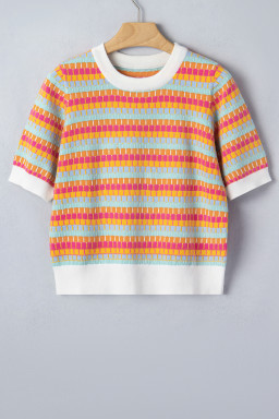 Orange Abstract Striped Knit Short Sleeve Sweater