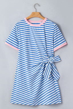 Sky Blue Stripe Nautical Tie Contrast Trim Round Neck T Shirt Mini Dress