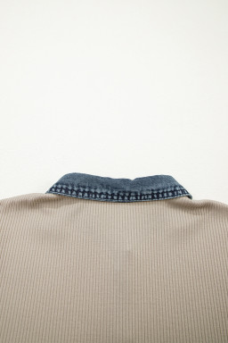 Beige Short Sleeve Ribbed Knit Denim Patchwork Polo Collar Dress