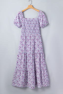 Purple Plus Size Floral Print Square Neck Smocked Maxi Dress