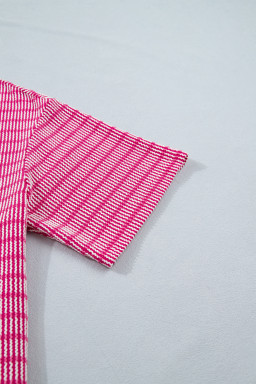 Rose Stripe Raised Rib Loose Tee Drawstring Elastic Waist 2pcs Short Set