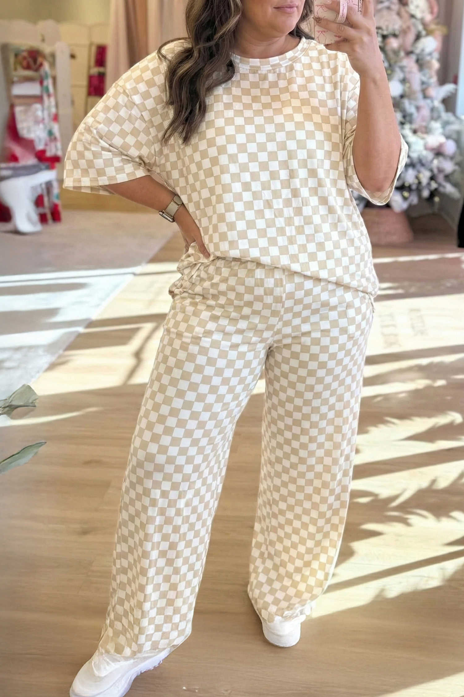 Khaki Plus Size Checkered Print Half Sleeve Tee Loose Pants Two-piece Lounge Set