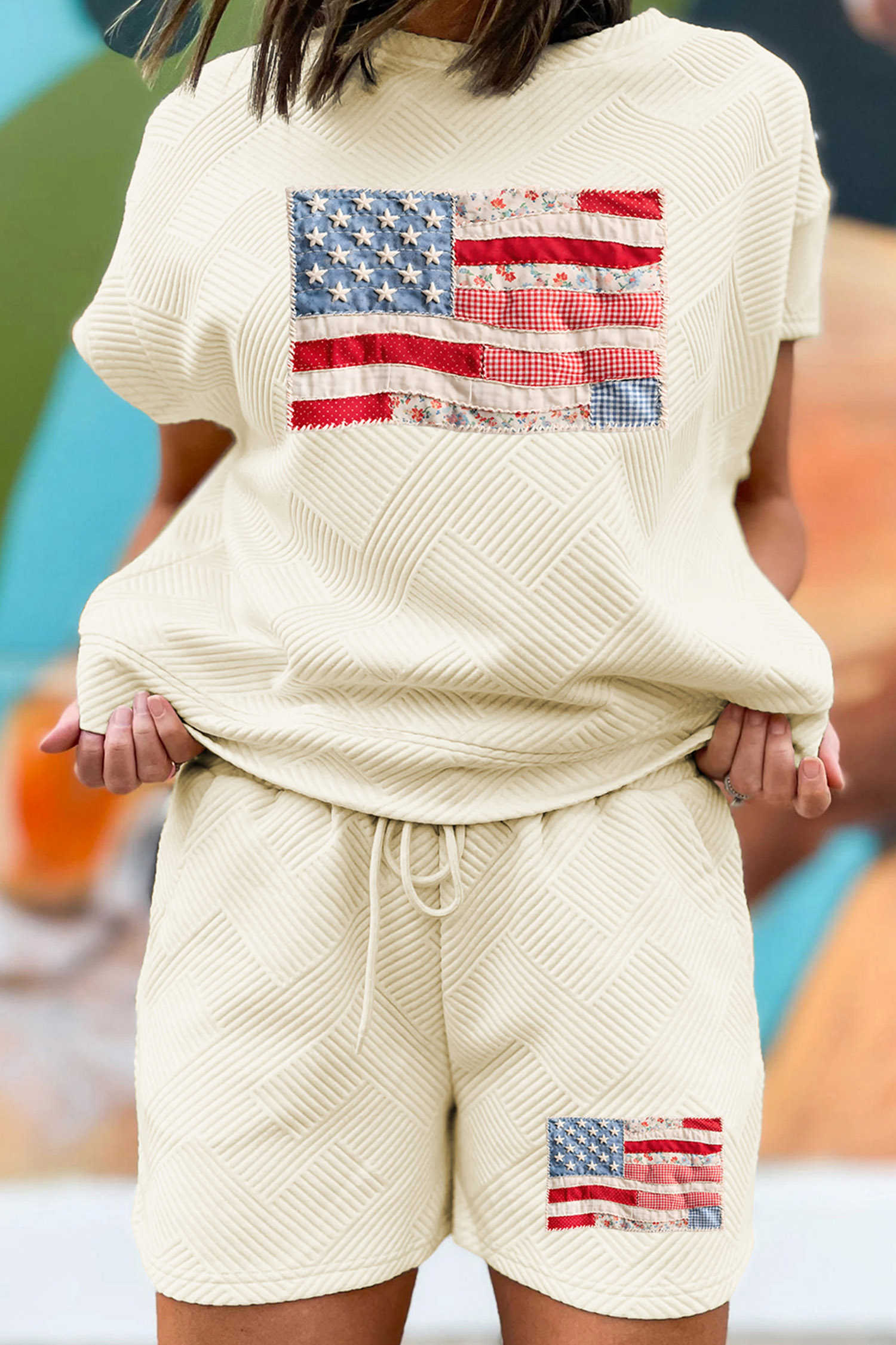 Apricot Stylish Textured Patchwork Flag Printed Short 2pcs Set