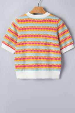 Orange Abstract Striped Knit Short Sleeve Sweater