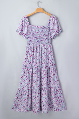Purple Plus Size Floral Print Square Neck Smocked Maxi Dress