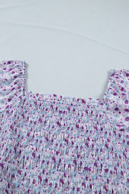 Purple Plus Size Floral Print Square Neck Smocked Maxi Dress