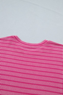 Rose Stripe Raised Rib Loose Tee Drawstring Elastic Waist 2pcs Short Set