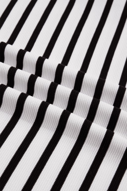 Black Stripe Short Puff Sleeve Color Block Polo Collar Blouse