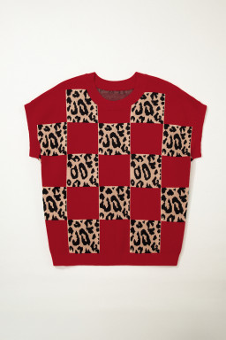 Red Plus Size Leopard Contrasted Checkered Short Sleeve Sweater