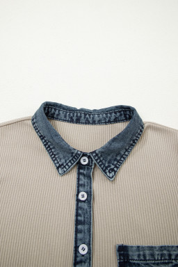 Beige Short Sleeve Ribbed Knit Denim Patchwork Polo Collar Dress