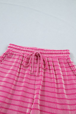 Rose Stripe Raised Rib Loose Tee Drawstring Elastic Waist 2pcs Short Set
