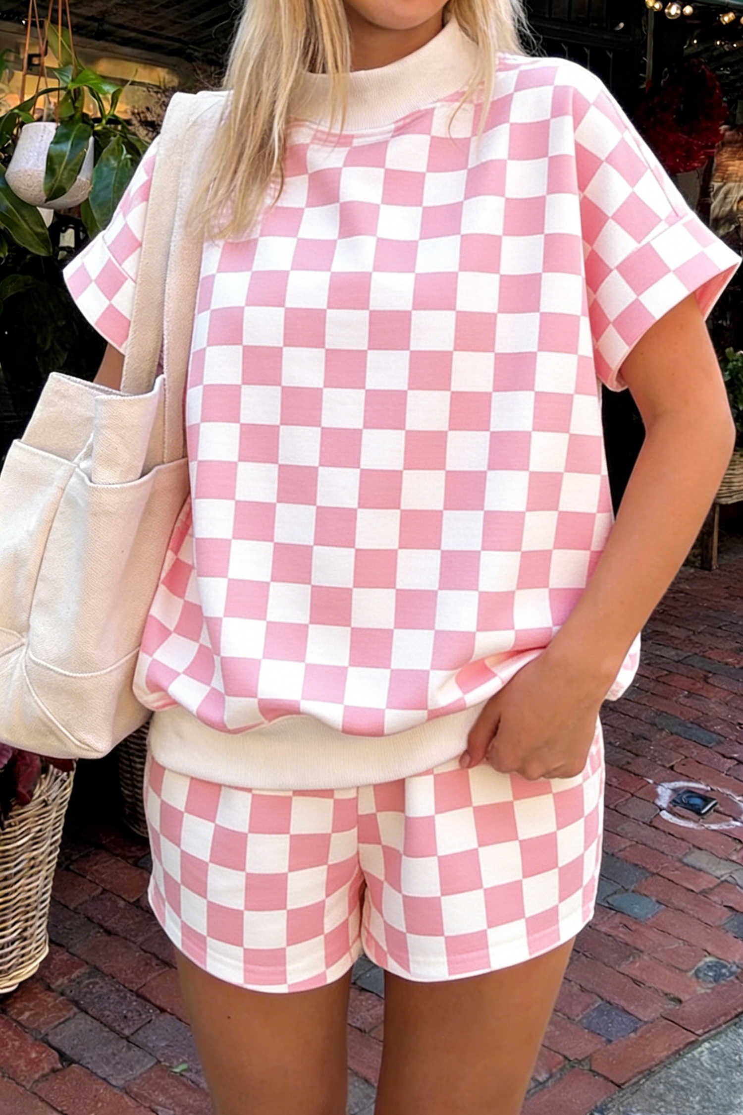 Pink Checkered Print Color Block Trim Mock Neck Short Set